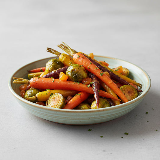 Heirloom Carrots and Brussels Sprouts with Mustard Apricots Glaze